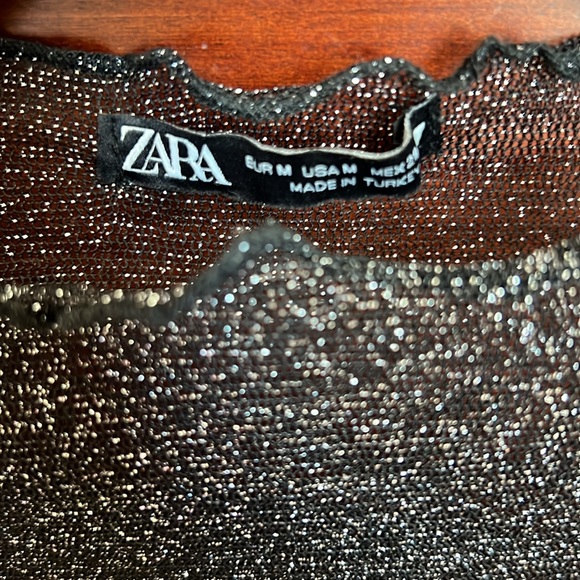 Zara Sheer Mock Neck Long Sleeve Black Metallic Top Medium - Picture 5 of 6